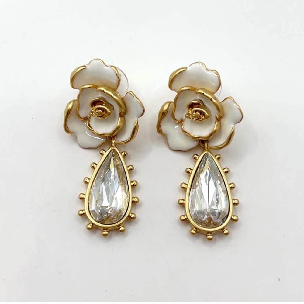 Oscar De La Renta Pierced White Enamel Rose Earrings